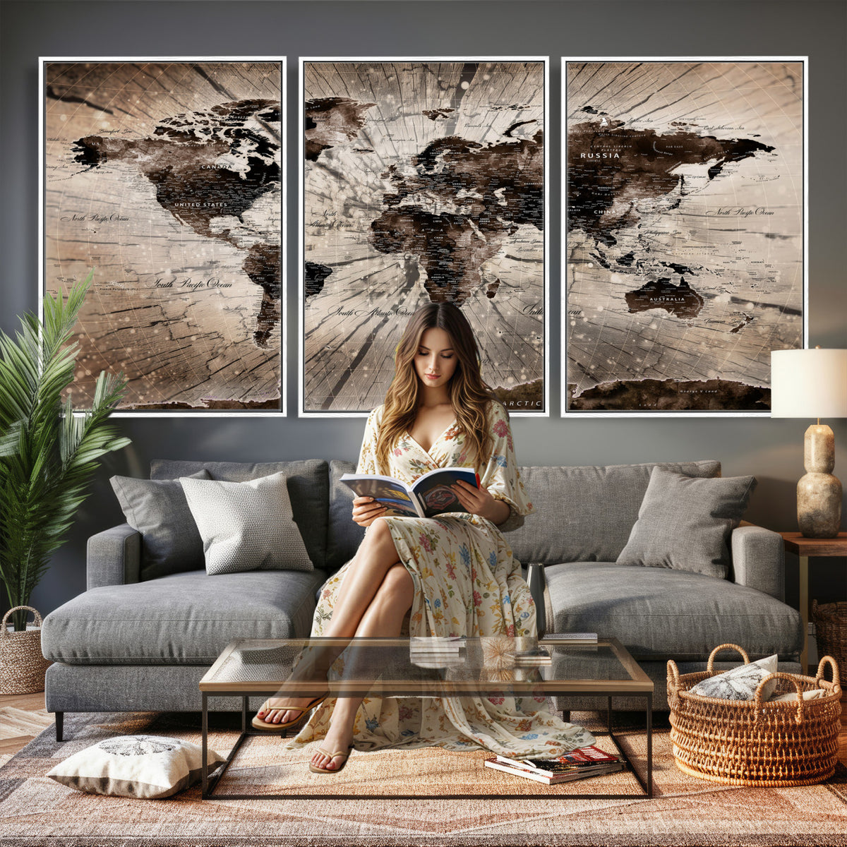 94623295-MGV-CV-36X24 - World Map Wall Art Canvas Print, Modern Decorative Framed Map Artwork Prints for Living Room, Office, Bedroom Wall Decor