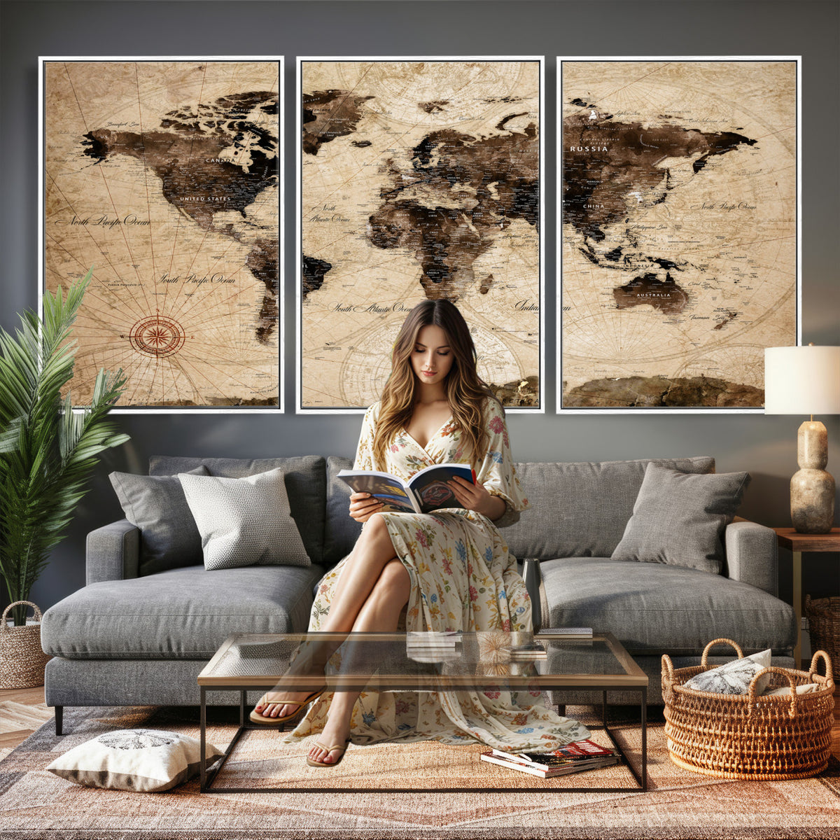 47657418-MGV-CV-36X24 - World Map Wall Art Canvas Print, Modern Decorative Framed Map Artwork Prints for Living Room, Office, Bedroom Wall Decor