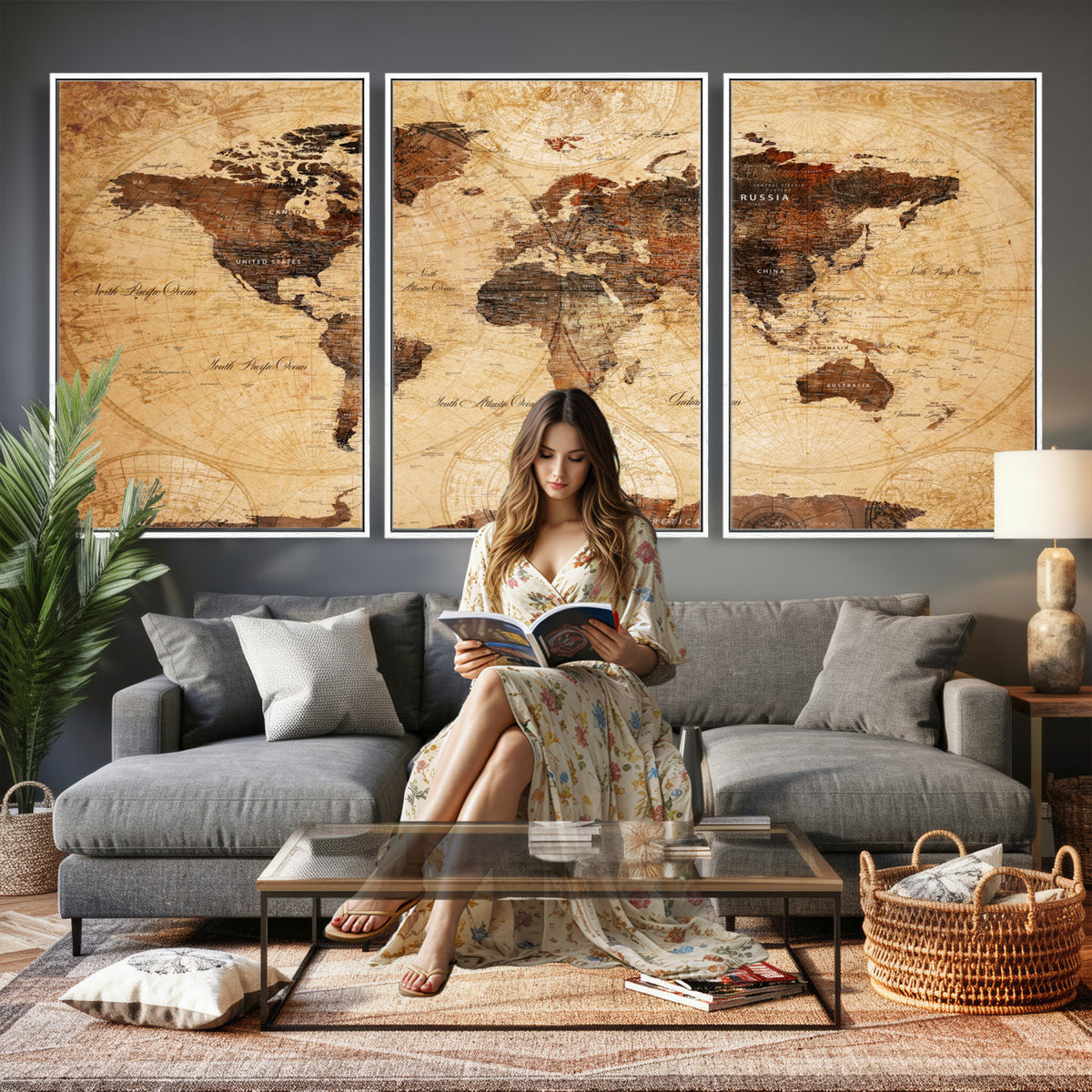 40760475-MGV-CV-36X24 - World Map Wall Art Canvas Print, Modern Decorative Framed Map Artwork Prints for Living Room, Office, Bedroom Wall Decor