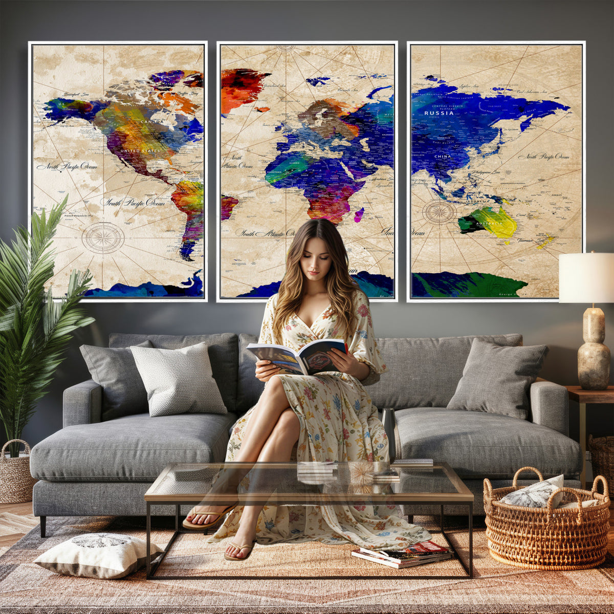 26284075-MGV-CV-36X24 - World Map Wall Art Canvas Print, Modern Decorative Framed Map Artwork Prints for Living Room, Office, Bedroom Wall Decor