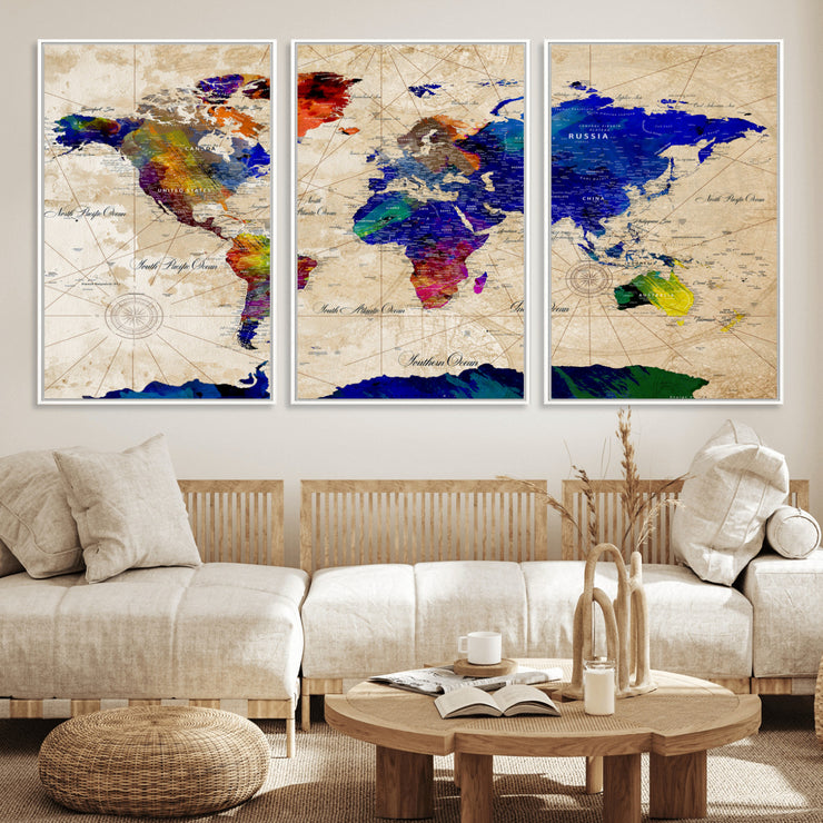 Colorful World Map Canvas Wall Art – Abstract Watercolor Map Print ...