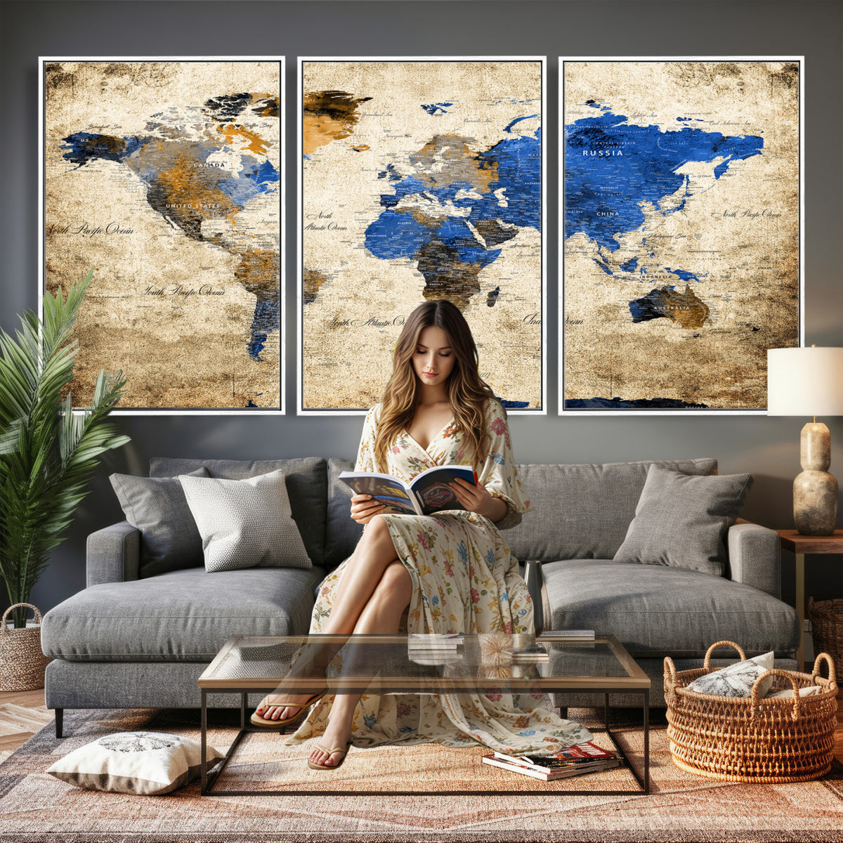 27314341-MGV-CV-36X24 - World Map Wall Art Canvas Print, Modern Decorative Framed Map Artwork Prints for Living Room, Office, Bedroom Wall Decor