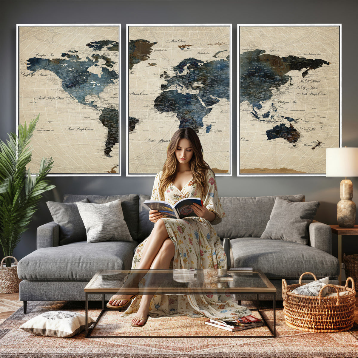 72927803-MGV-CV-36X24 - World Map Wall Art Canvas Print, Modern Decorative Framed Map Artwork Prints for Living Room, Office, Bedroom Wall Decor