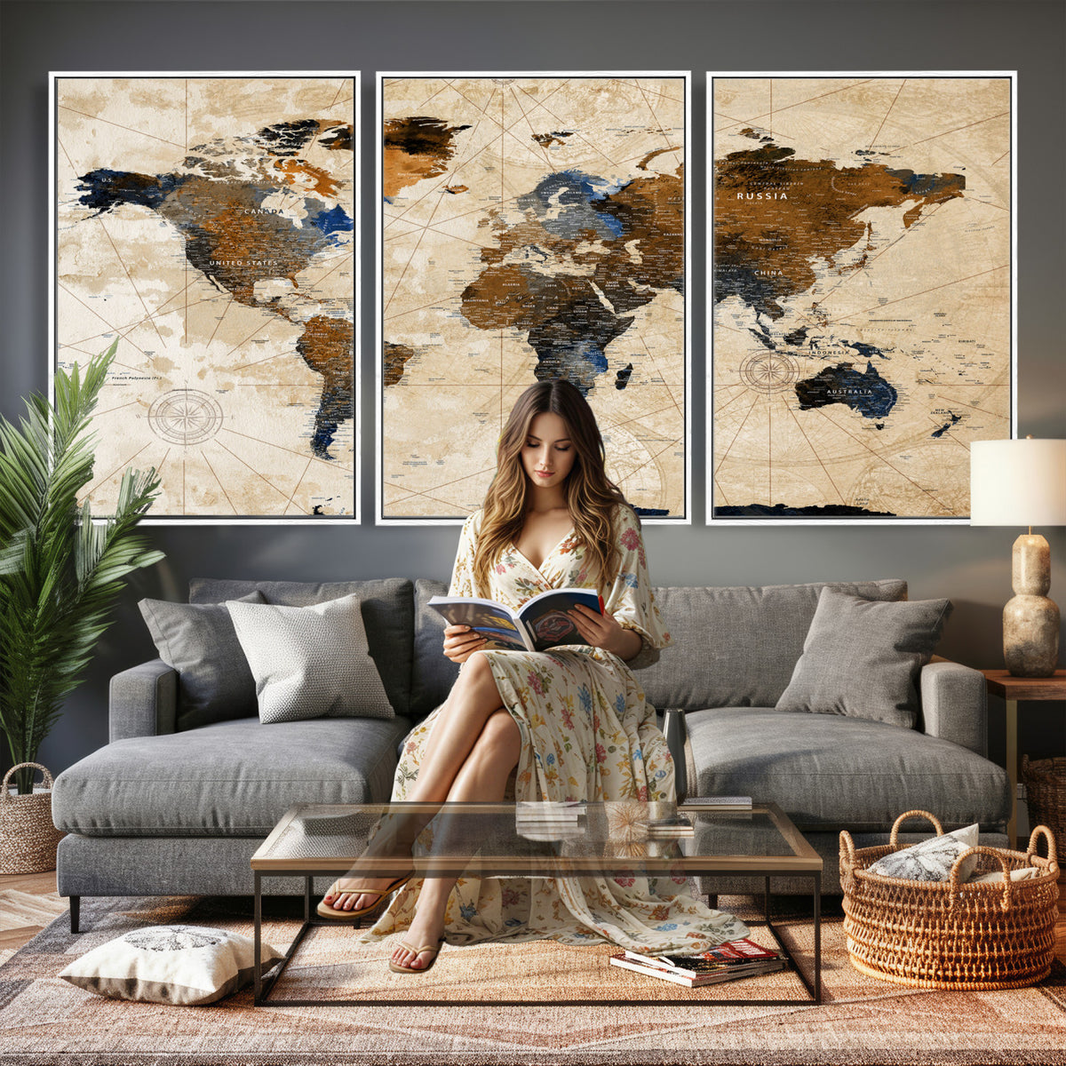 15727090-MGV-CV-36X24 - World Map Wall Art Canvas Print, Modern Decorative Framed Map Artwork Prints for Living Room, Office, Bedroom Wall Decor
