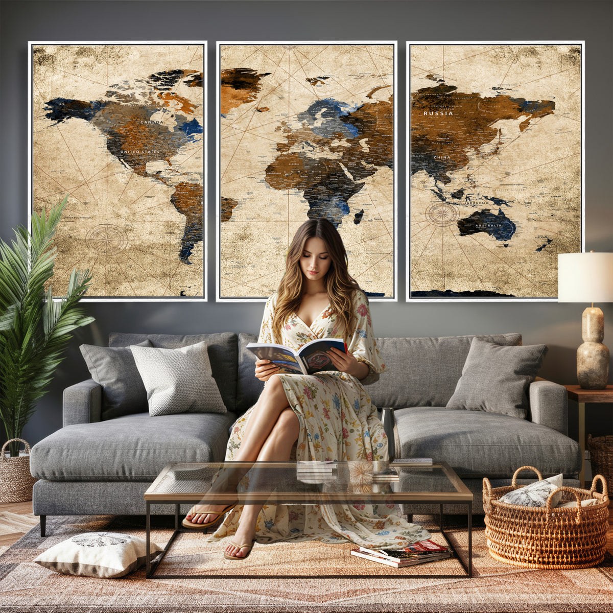 27163414-MGV-CV-36X24 - World Map Wall Art – Rustic Earth Tone Canvas Print, Antique