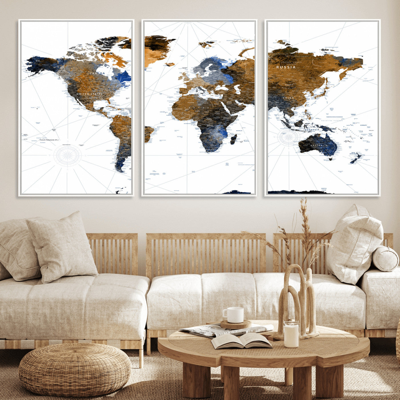 56364879-MGV-CV-36X24 - World Map Wall Art Canvas Print, Modern Decorative Framed Map Artwork Prints for Living Room, Office, Bedroom Wall Decor