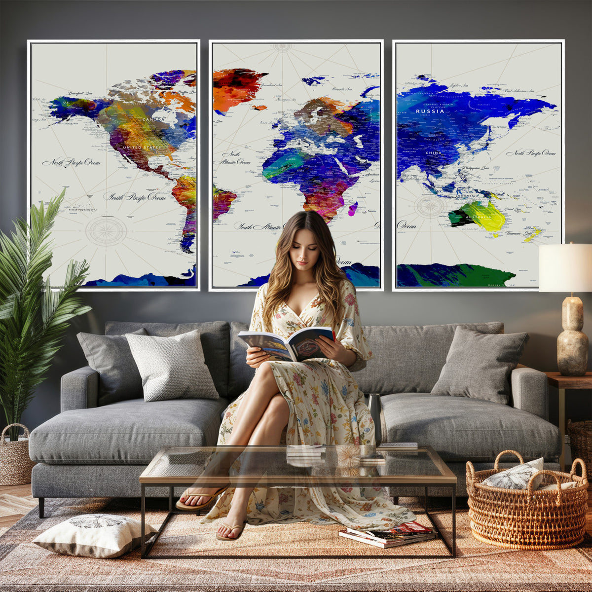 49670038-MGV-CV-36X24 - World Map Wall Art Canvas Print, Modern Decorative Framed Map Artwork Prints for Living Room, Office, Bedroom Wall Decor