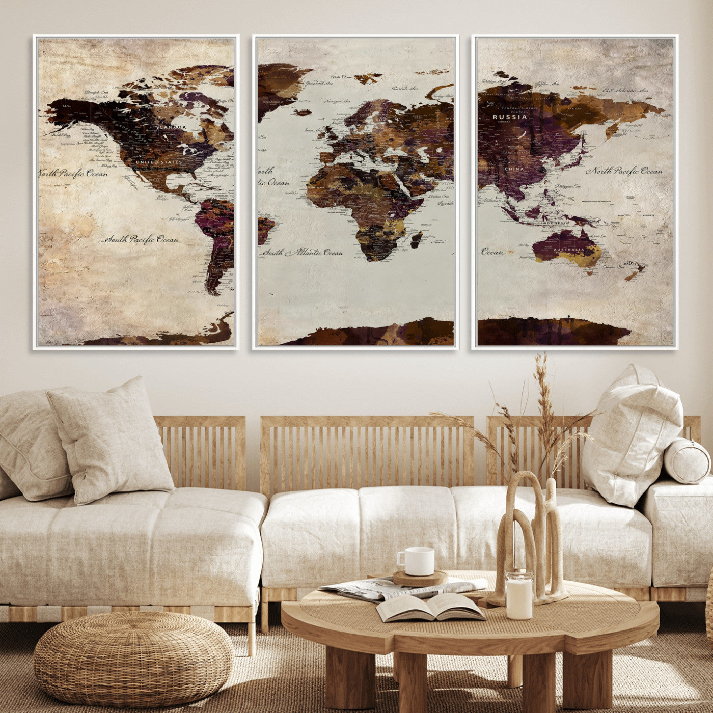 50611123-MGV-CV-36X24 - World Map Canvas Triptych – Colorful Global Wall Art for Living Rooms, Offices, and Study Spaces