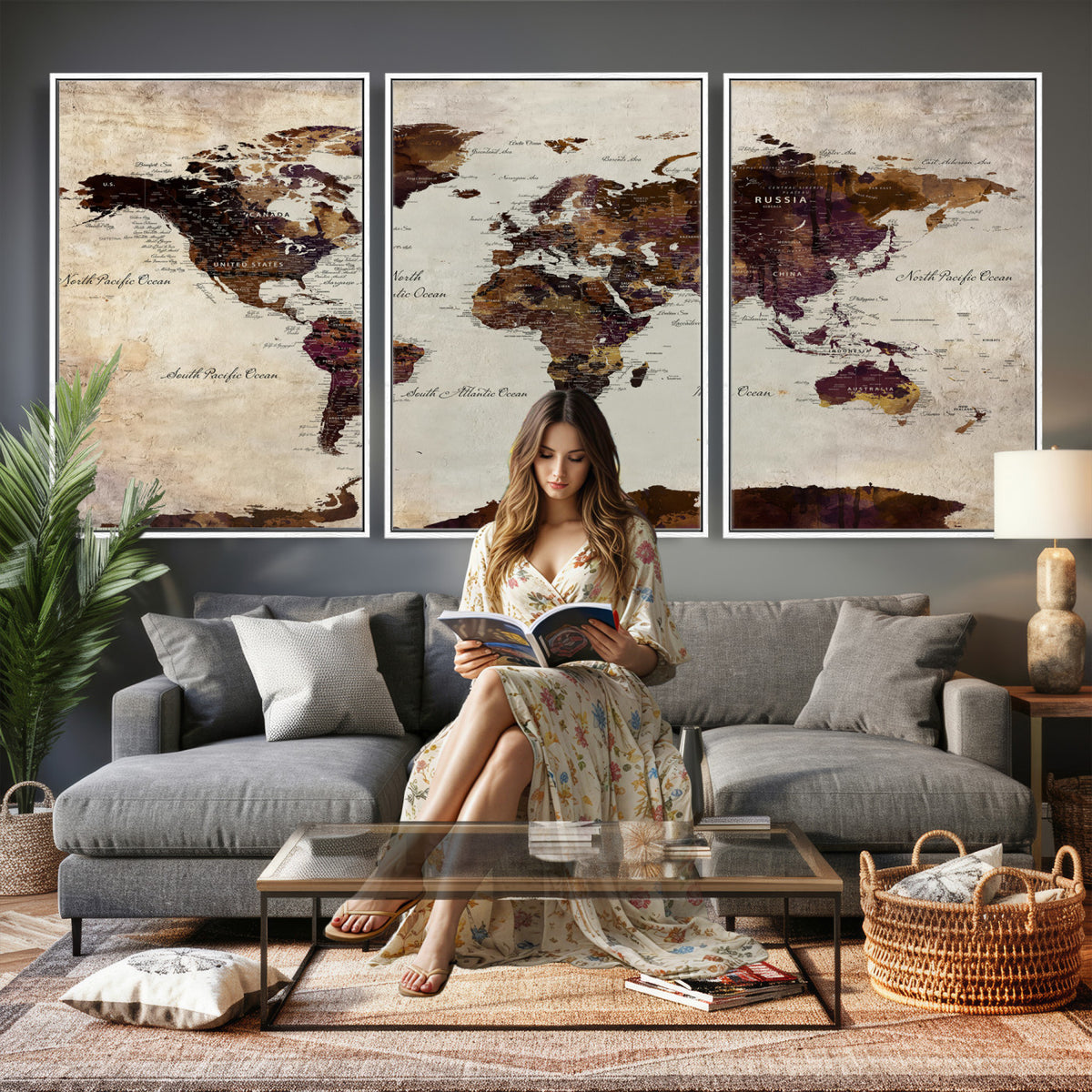 50611123-MGV-CV-36X24 - World Map Canvas Triptych | Colorful Global Wall Art for Living Rooms