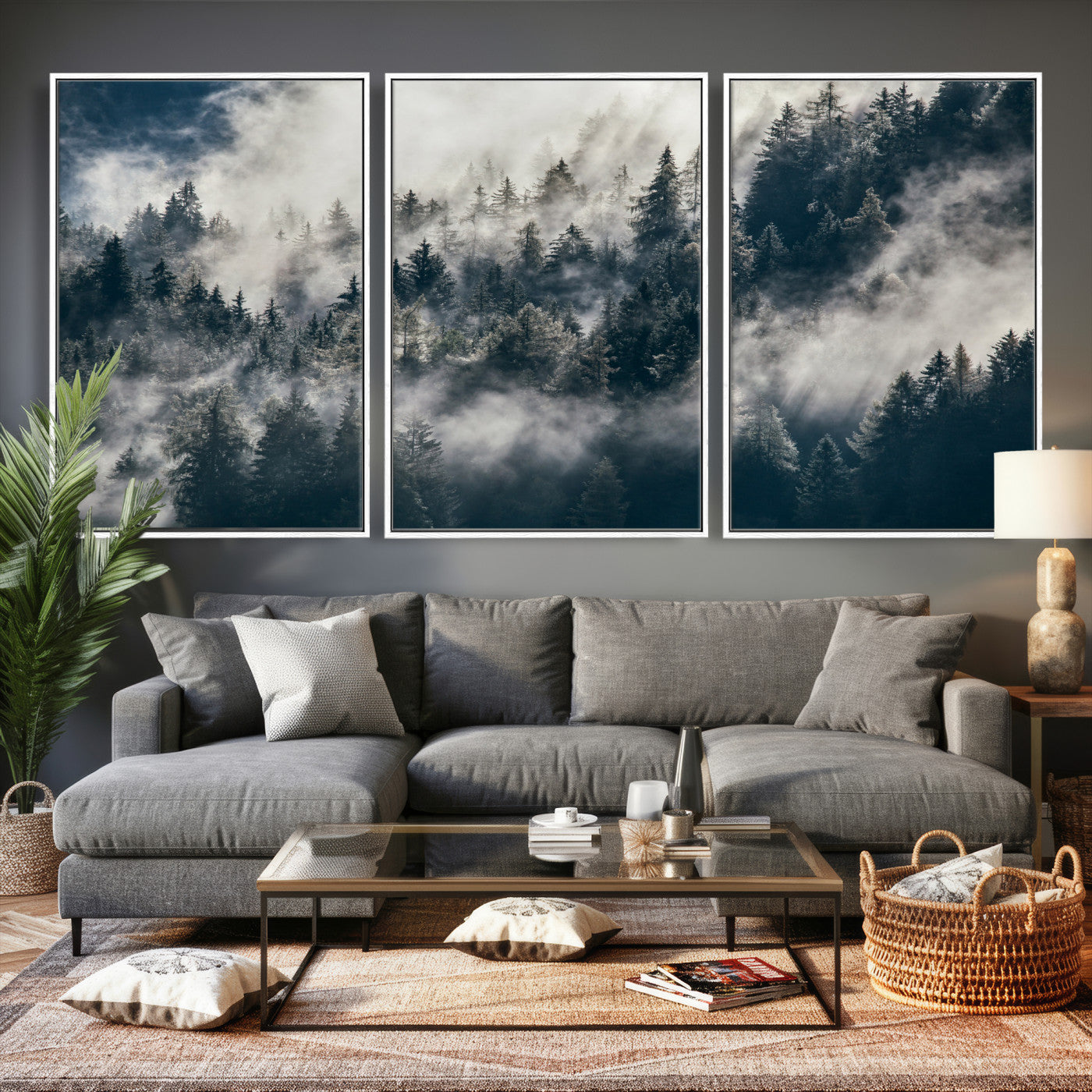 63405824-MGV-CV-36X24 - Foggy Mountain Forest Canvas Print, Misty Pine Trees Nature Wall Art, Framed Canvas Ready to Hang