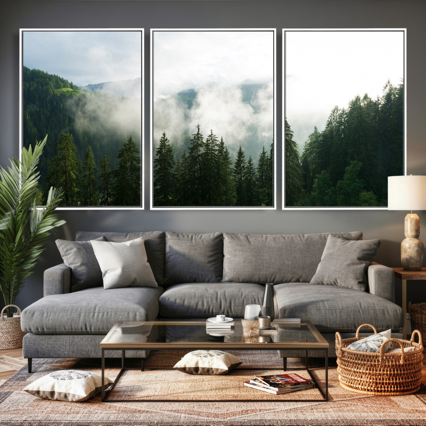 67174129-MGV-CV-36X24 - Misty Mountain Forest Canvas Print, Foggy Pine Trees Nature Wall Art, Framed Canvas Ready to Hang