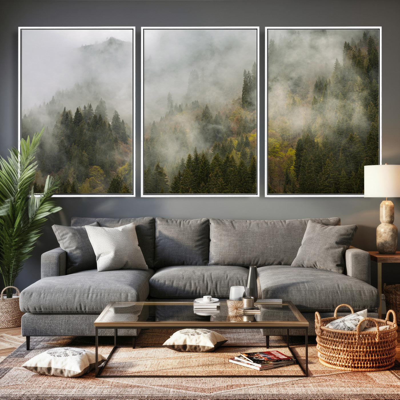 31152954-MGV-CV-36X24 - Misty Mountain Forest Canvas Print, Foggy Pine Trees Nature Wall Art, Framed Canvas Ready to Hang