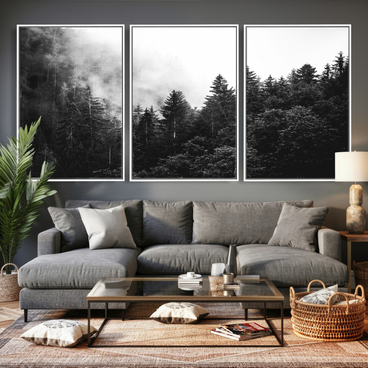 98764151-MGV-CV-36X24 - Black and White Forest Wall Art Canvas Print, Misty Pine Tree Landscape Photography, Framed Wall Art Ready to Hang