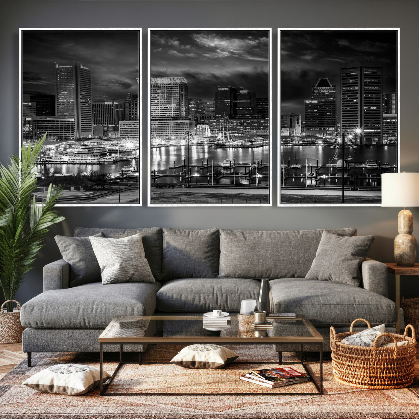 79755655-MGV-CV-36X24 - Baltimore Skyline Wall Art Canvas Print, Baltimore Downtown Night Cityscape Print for Modern Urban Wall Decor