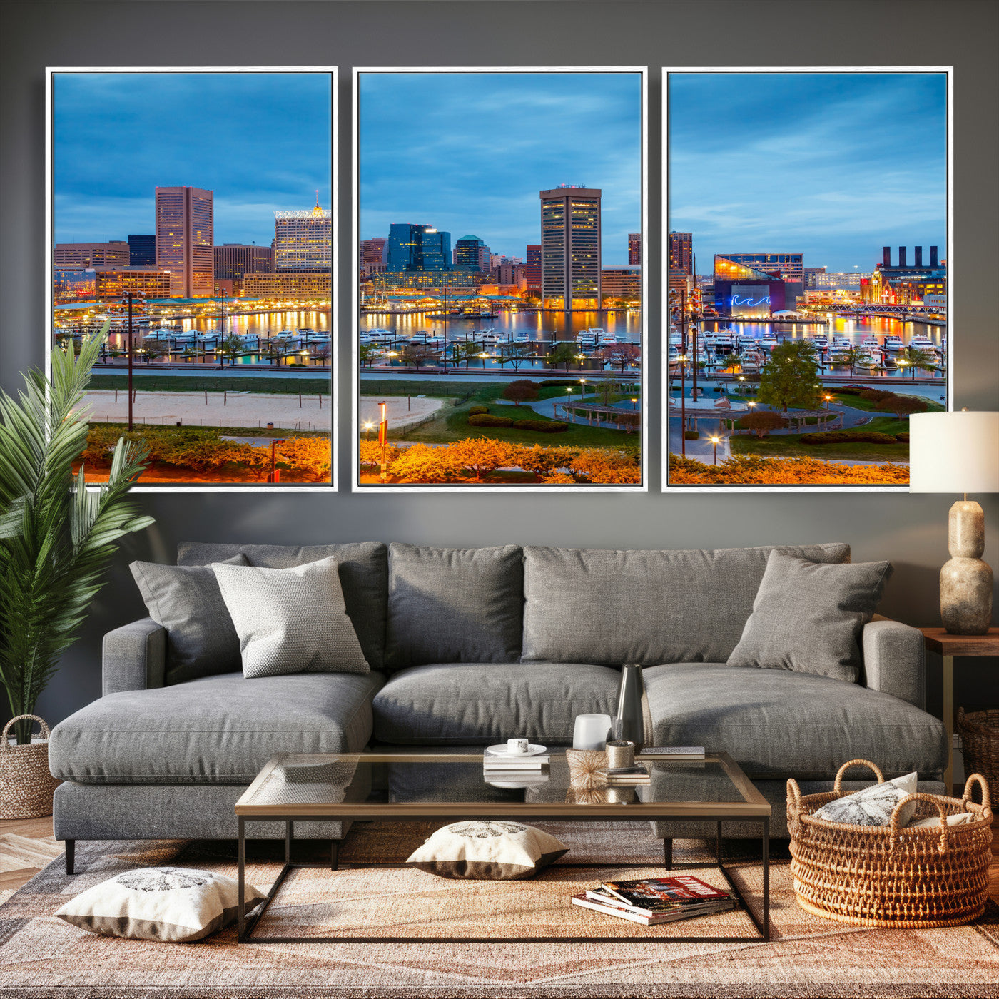 78635089-MGV-CV-36X24 - Baltimore Skyline Wall Art Canvas Print, Baltimore Downtown Night Cityscape Print for Modern Urban Wall Decor