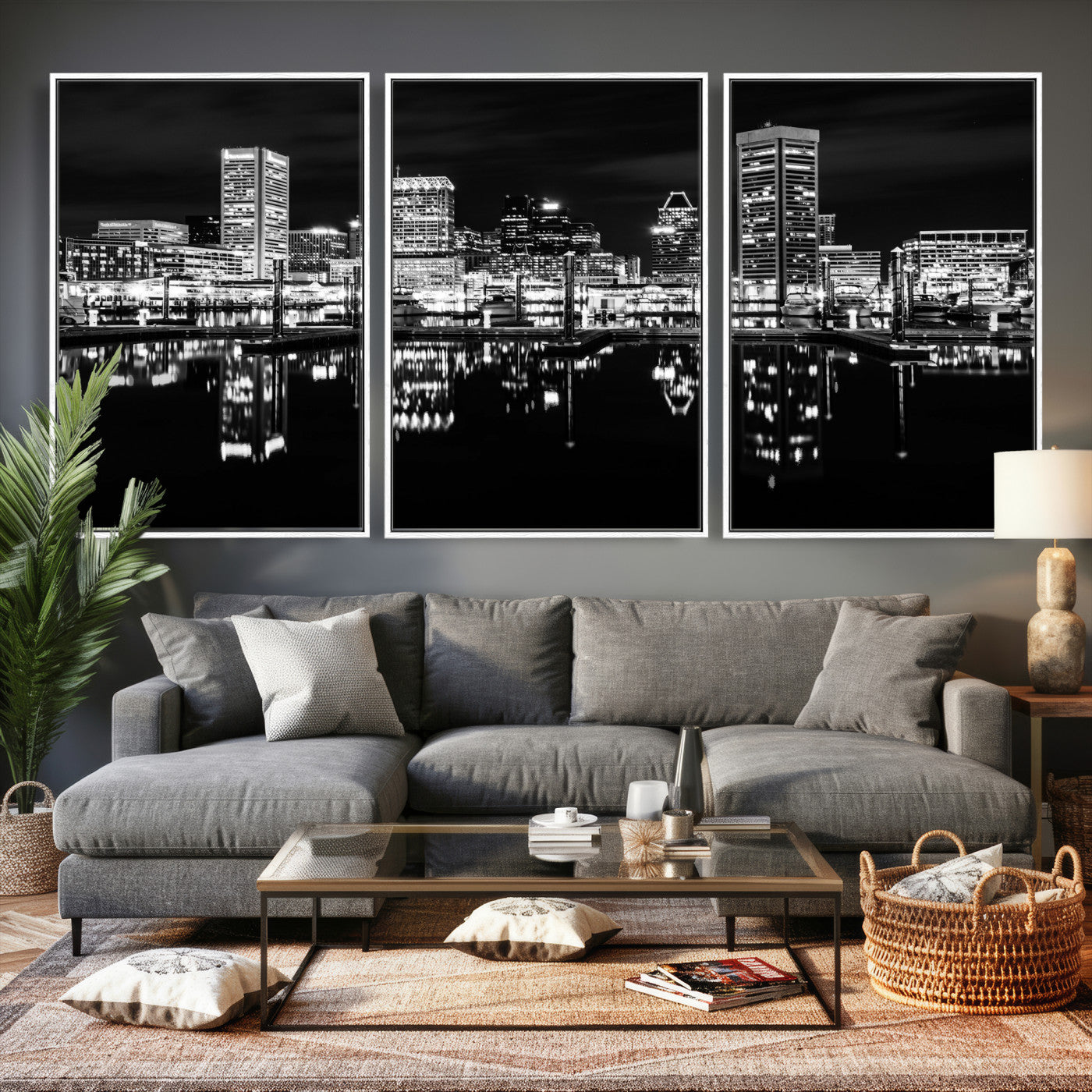69187681-MGV-CV-36X24 - Baltimore Skyline Wall Art Canvas Print, Baltimore Downtown Night Cityscape Print for Modern Urban Wall Decor