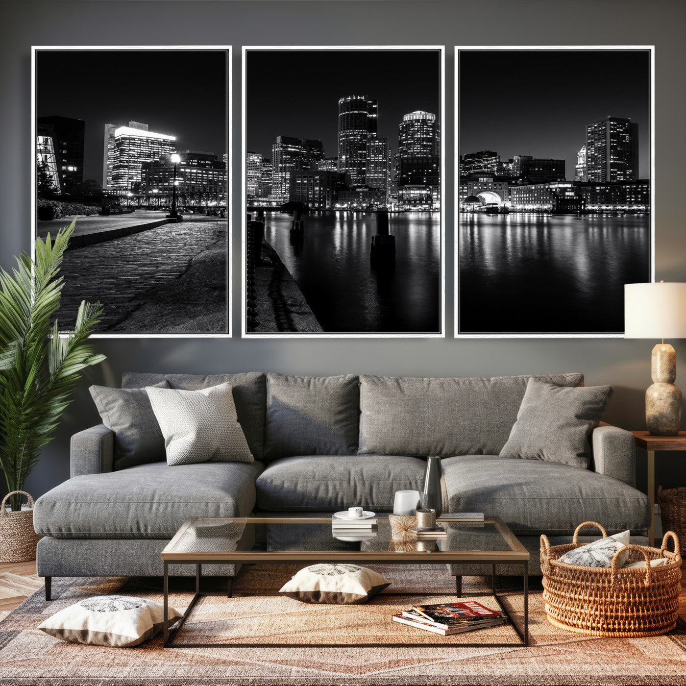 53082656-MGV-CV-36X24 - Boston Wall Art Canvas Print, Boston City Downtown Night Cityscape Print for Modern Urban Wall Decor