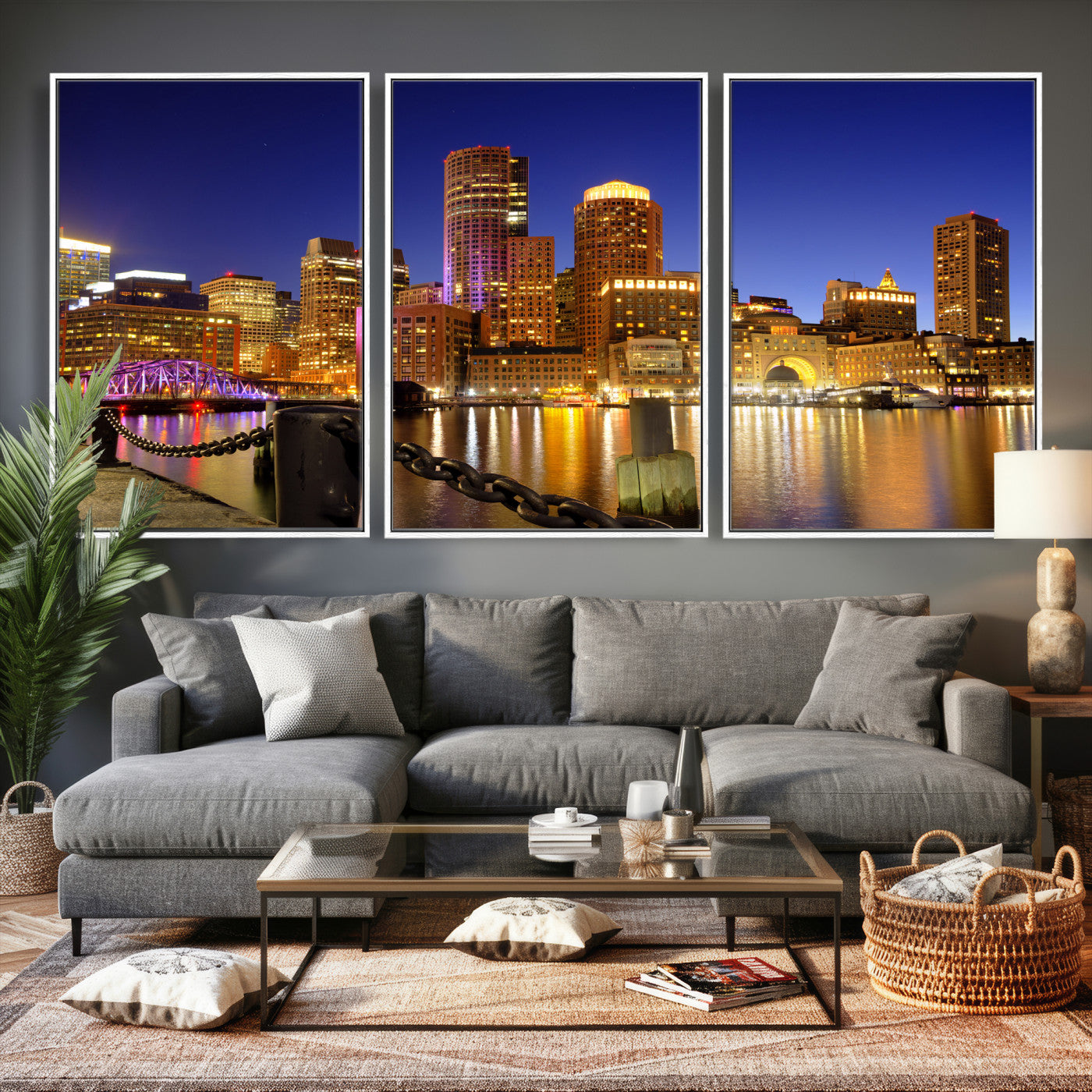 56611117-MGV-CV-36X24 - Boston Wall Art Canvas Print, Boston City Downtown Night Cityscape Print for Modern Urban Wall Decor
