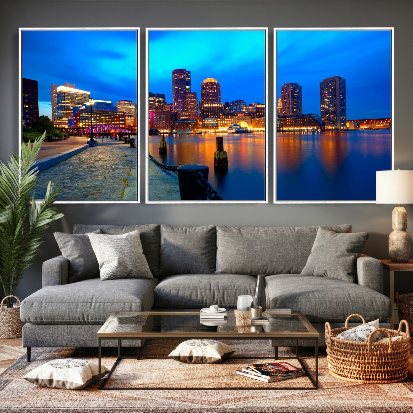 69619565-MGV-CV-36X24 - Boston Wall Art Canvas Print, Boston City Downtown Night Cityscape Print for Modern Urban Wall Decor