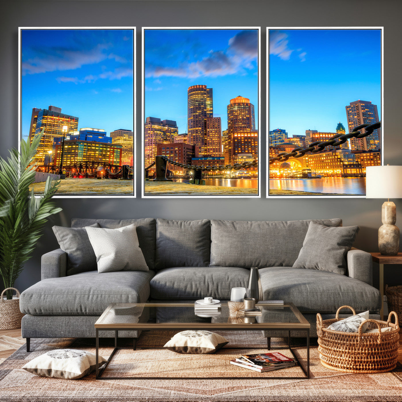 46736409-MGV-CV-36X24 - Boston Wall Art Canvas Print, Boston City Downtown Night Cityscape Print for Modern Urban Wall Decor