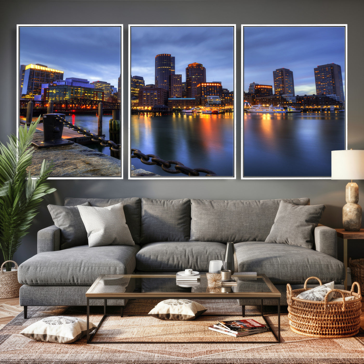 82439622-MGV-CV-36X24 - Boston Wall Art Canvas Print, Boston City Downtown Night Cityscape Print for Modern Urban Wall Decor