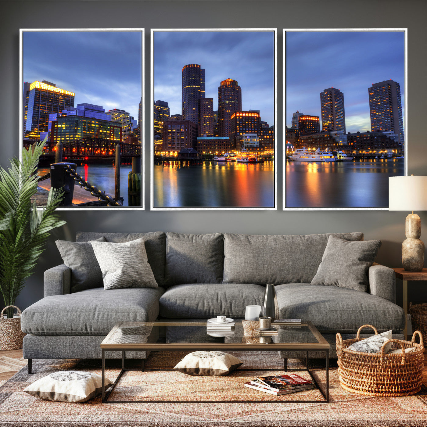 74951698-MGV-CV-60X30-3P - Boston Wall Art Canvas Print, Boston City Downtown Night Cityscape Print for Modern Urban Wall Decor