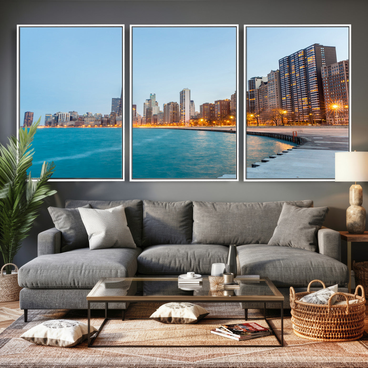 66780141-MGV-CV-36X24 - Chicago Wall Art Canvas Print, Chicago City Downtown Night Cityscape Print for Modern Urban Wall Decor