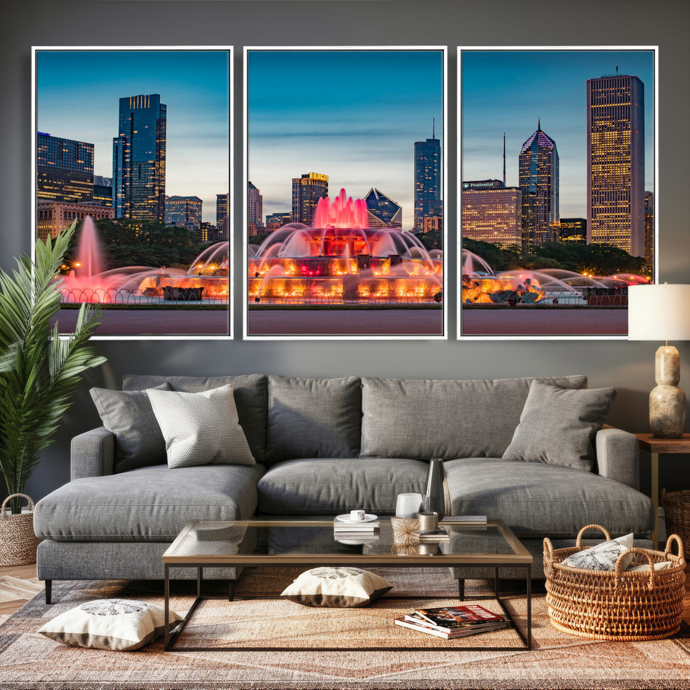 46805285-MGV-CV-36X24 - Chicago Wall Art Canvas Print, Chicago City Downtown Night Cityscape Print for Modern Urban Wall Decor