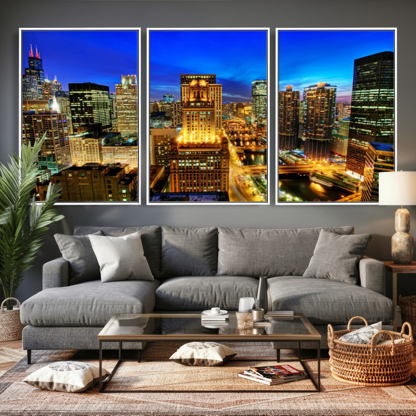46298885-MGV-CV-36X24 - Chicago Wall Art Canvas Print, Chicago City Downtown Night Cityscape Print for Modern Urban Wall Decor