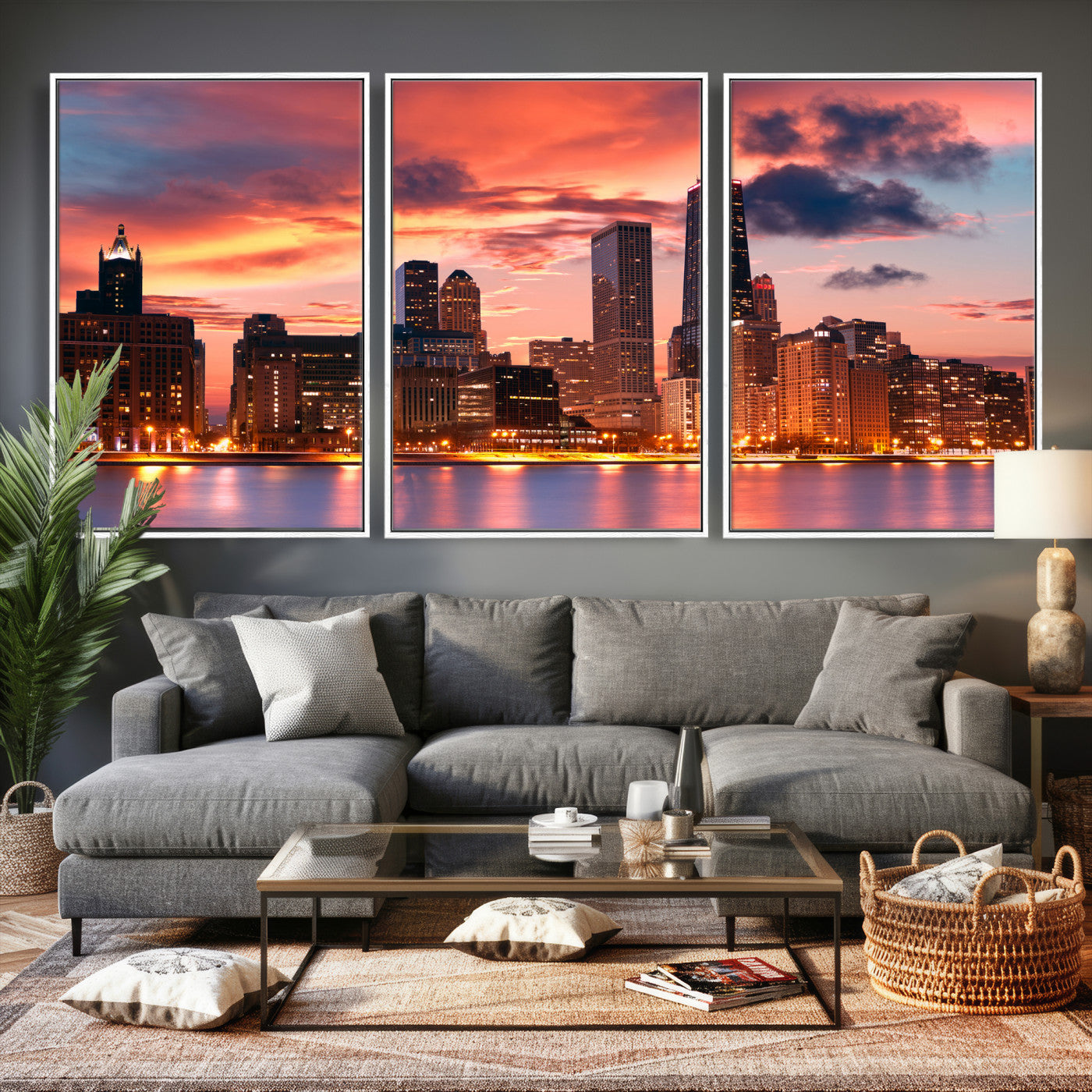 80390109-MGV-CV-36X24 - Chicago Wall Art Canvas Print, Chicago City Downtown Night Cityscape Print for Modern Urban Wall Decor
