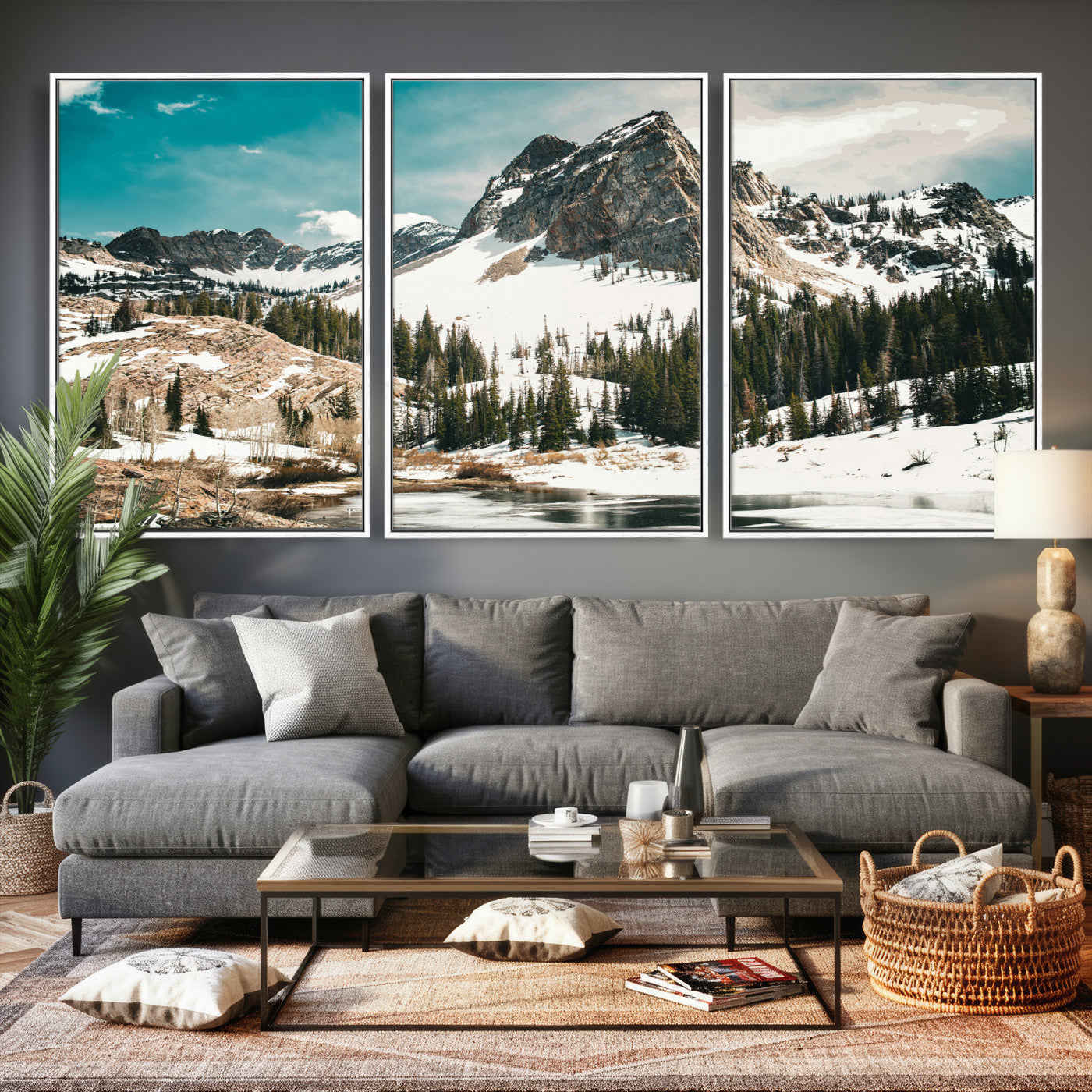 56837070-MGV-CV-36X24 - Snowy Mountain Landscape Wall Art Canvas Print, Alpine Pine Forest Winter Nature Wall Decor for Living Room and Office