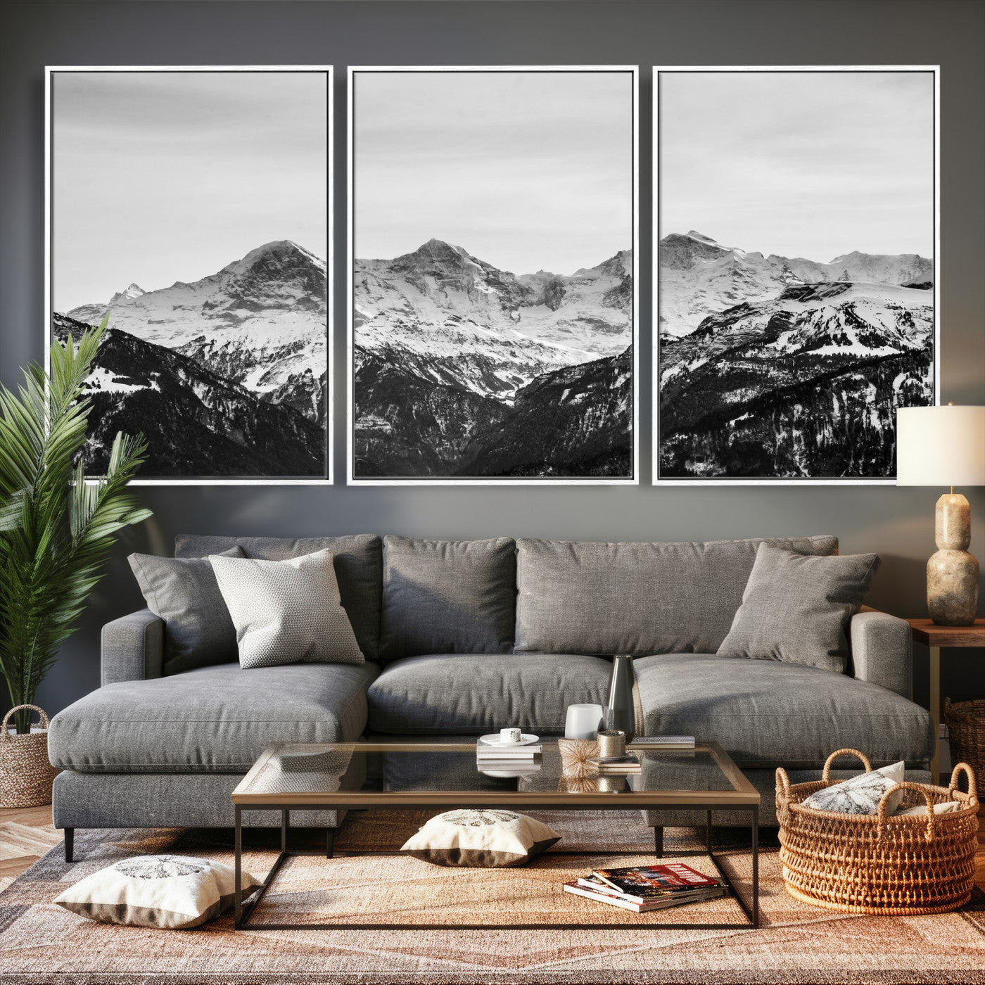 85684934-MGV-CV-36X24 - Black and White Mountain Wall Art Canvas Print, Snowy Alpine Peaks Landscape Photography, Minimal Monochrome Mountain Art, Scenic Nature Wall Decor