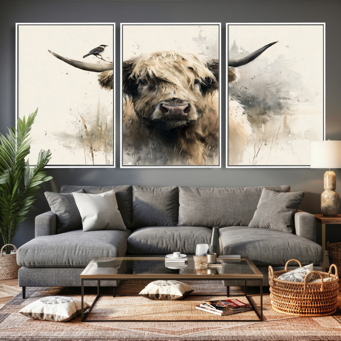 98249290-MGV-CV-36X24 - Abstract Highland Cow Watercolor Animal Wall Art Canvas Print, Rustic Farm Cattle Portrait Canvas Print, Neutral Wildlife Farmhouse Art Printing