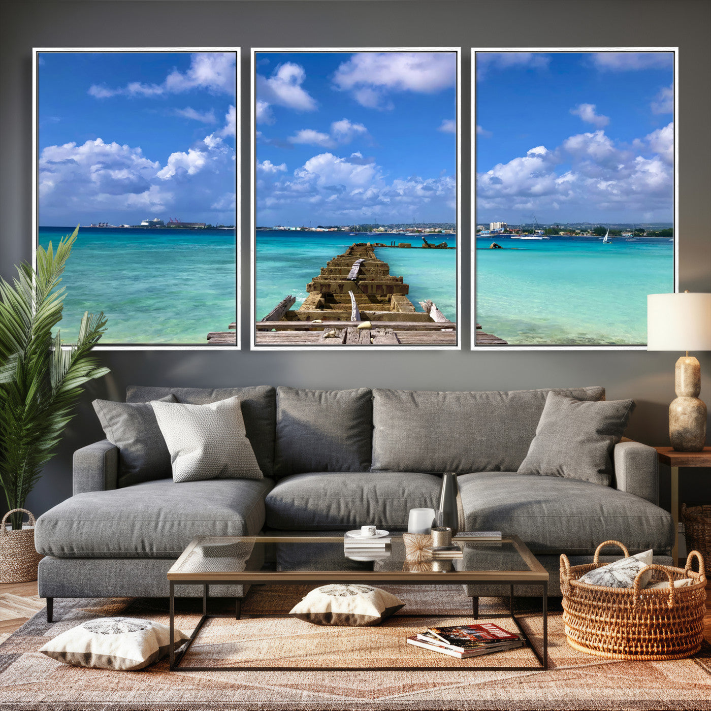 43165024-MGV-CV-36X24 - Caribbean Ocean Pier Seascape Wall Art Canvas Print, Turquoise Sea Tropical Harbor Canvas Print, Island Coastal Blue Water Scenic Art Printing