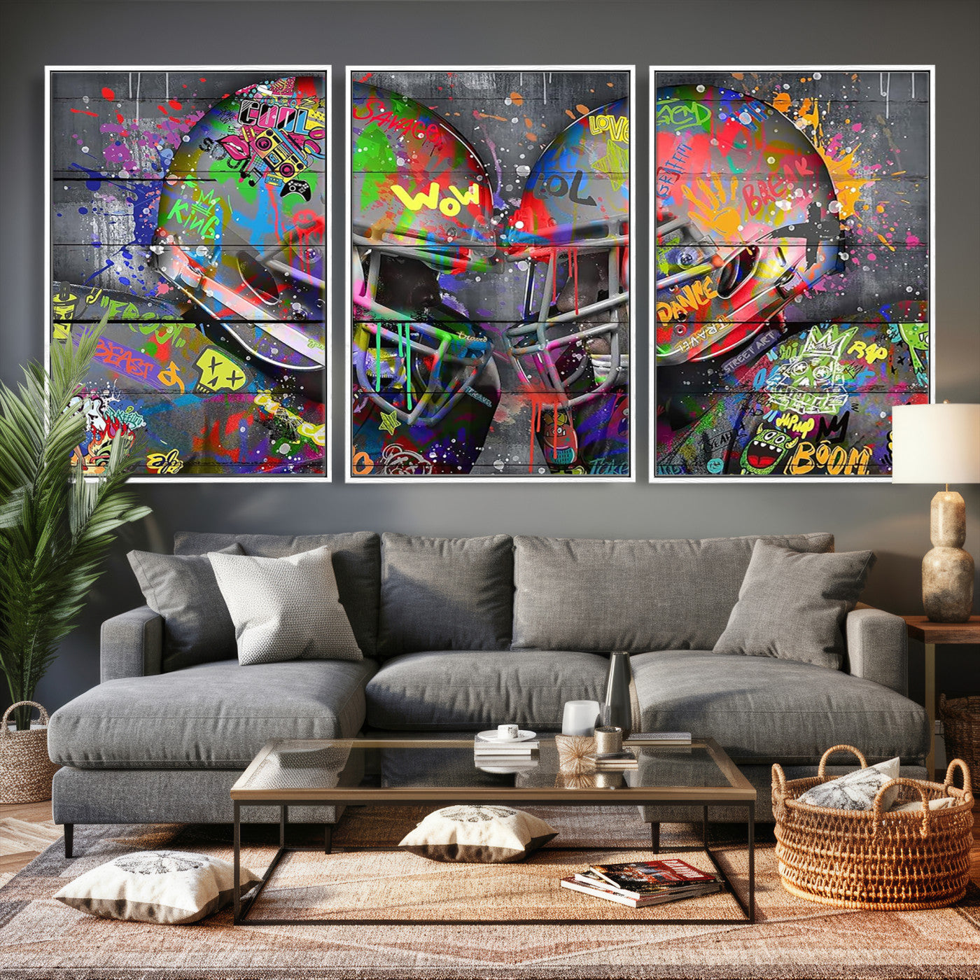 15309853-MGV-CV-36X24 - Graffiti Football Helmets Wall Art Canvas Print, Urban Street Art Sports Decor, Colorful American Football Graffiti Artwork