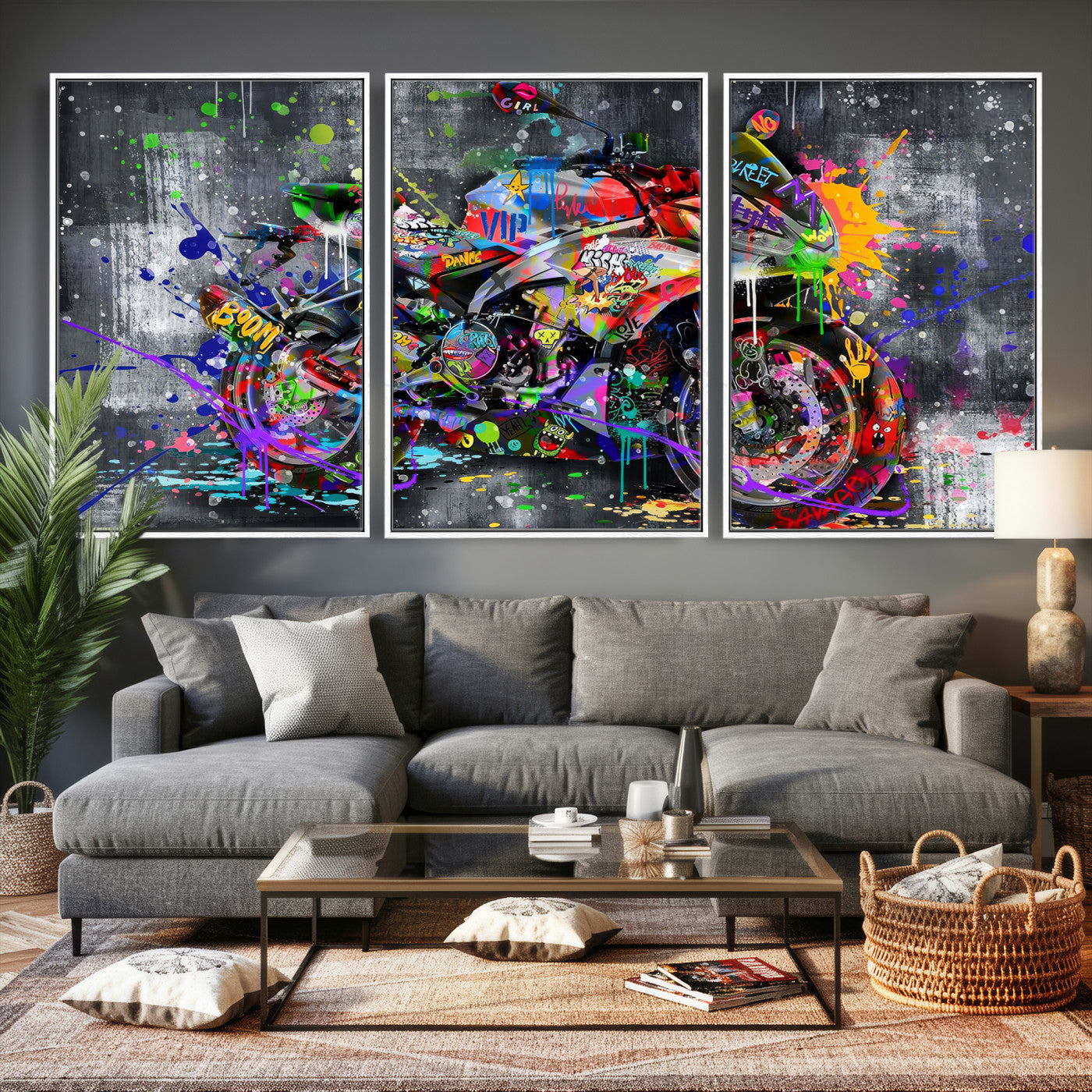 83021767-MGV-CV-36X24 - Graffiti Motorcycle Wall Art Canvas Print, Urban Street Art Motorbike Decor, Colorful Graffiti Sports Bike Artwork