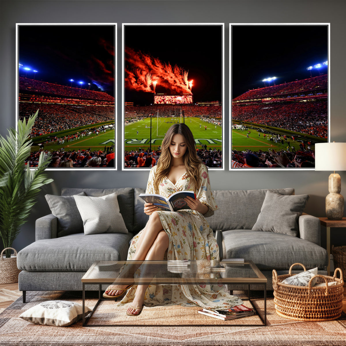81918884-MGV-CV-36X24 - Auburn Stadium Wall Art Canvas Print, College Football Night Game Crowd, Jordan Hare Stadium Artwork