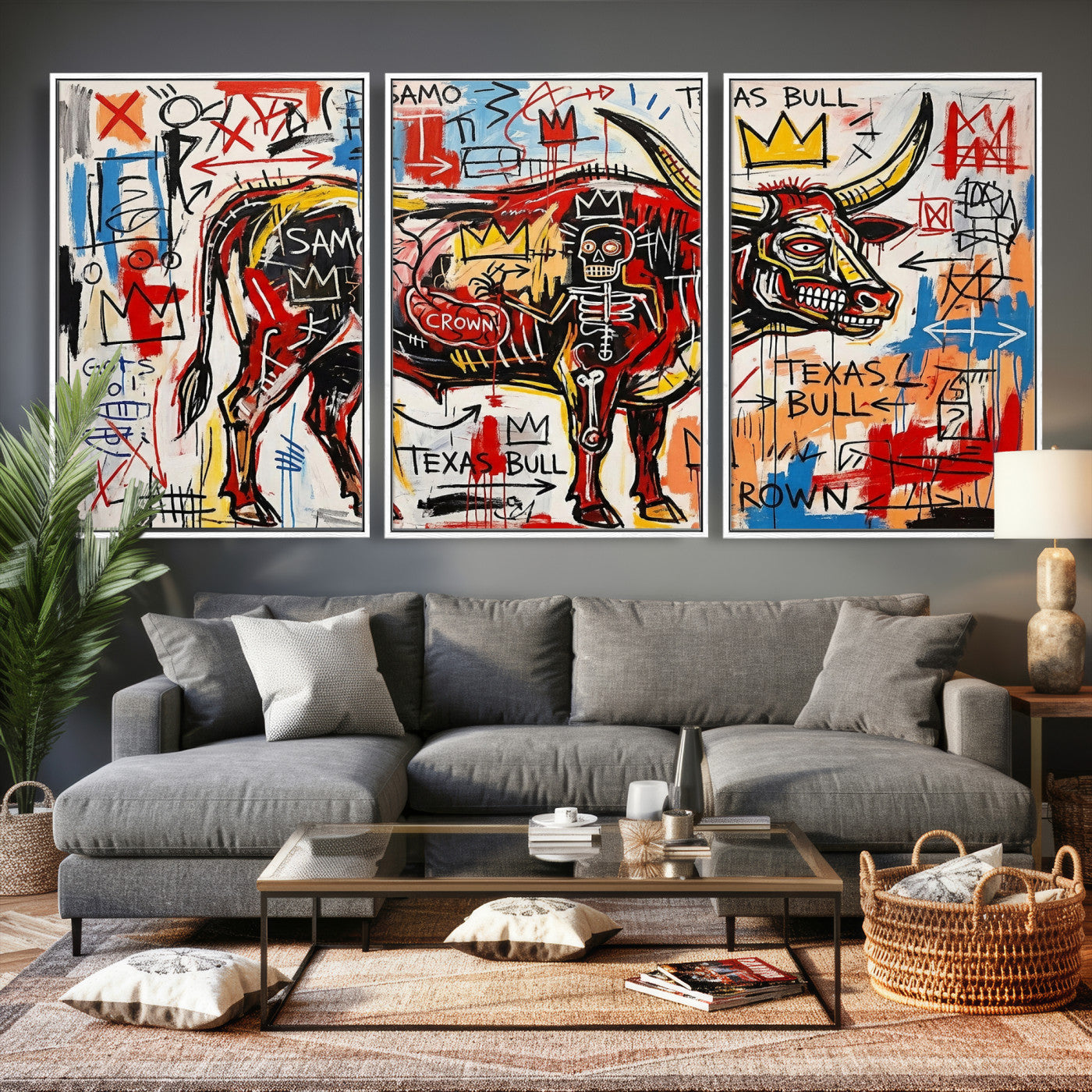 89504579-MGV-CV-36X24 - TITLE: Texas Bull Wall Art Canvas Print, Abstract Graffiti Bull Painting, Western Animal Art, Modern Ranch Decor