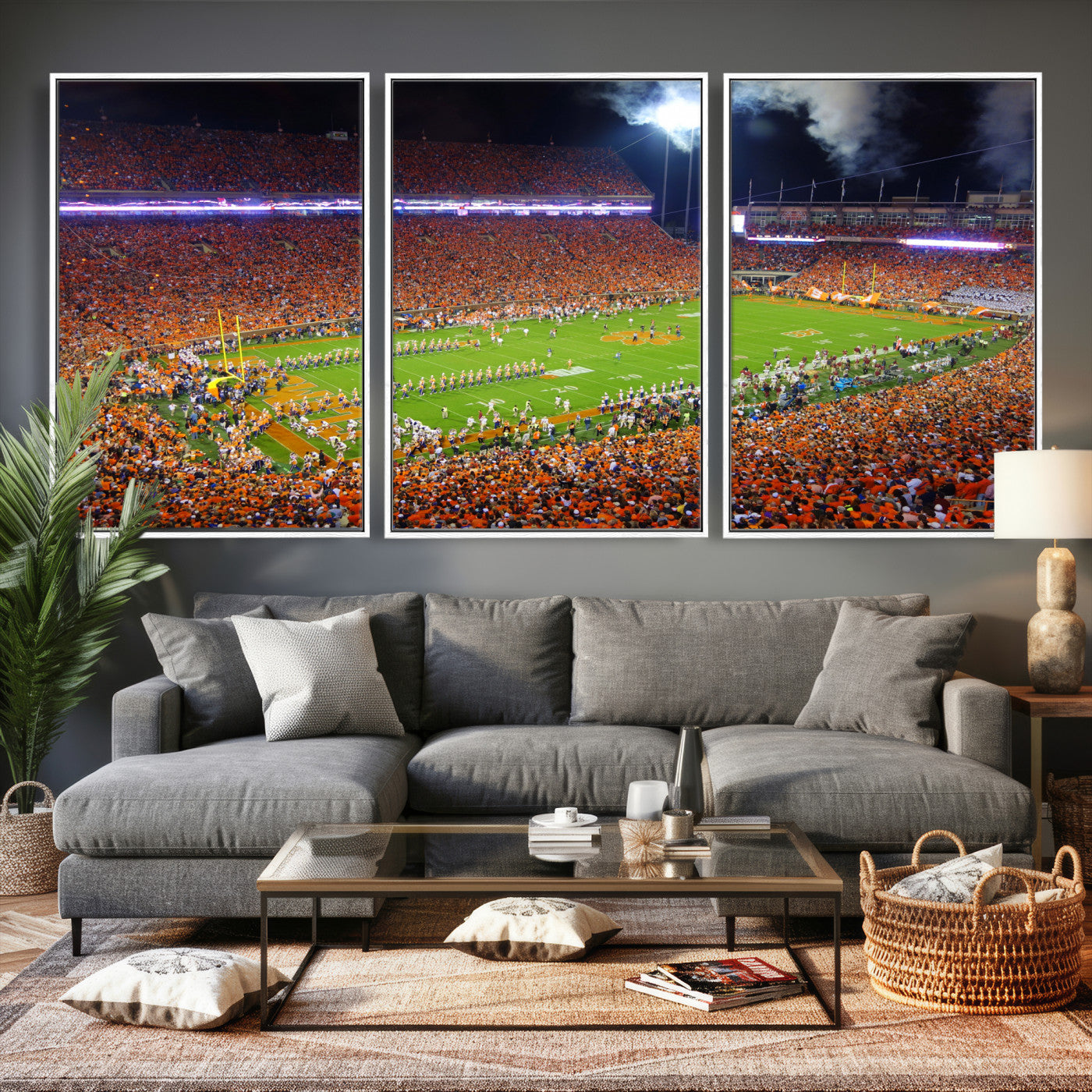 43662631-MGV-CV-36X24 - Clemson Football Stadium Wall Art Canvas Print, College Football Crowd Night Game Scene, Orange Stadium Panorama Wall Decor