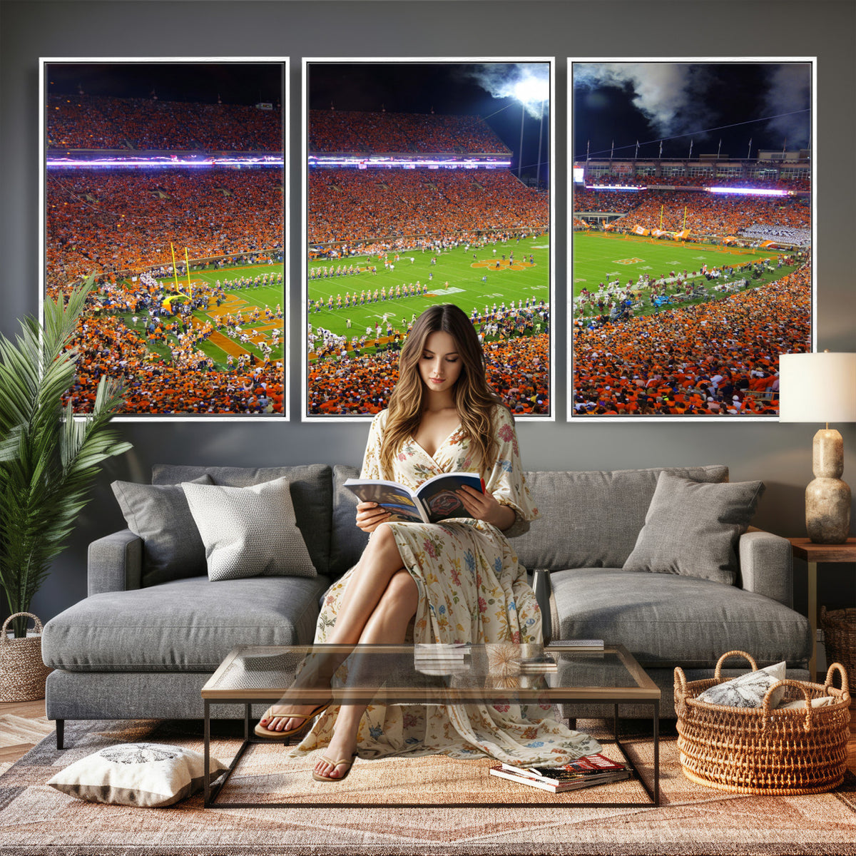 43662631-MGV-CV-36X24 - Clemson Football Stadium Wall Art Canvas Print, College Football Crowd Night Game Scene, Orange Stadium Panorama Wall Decor