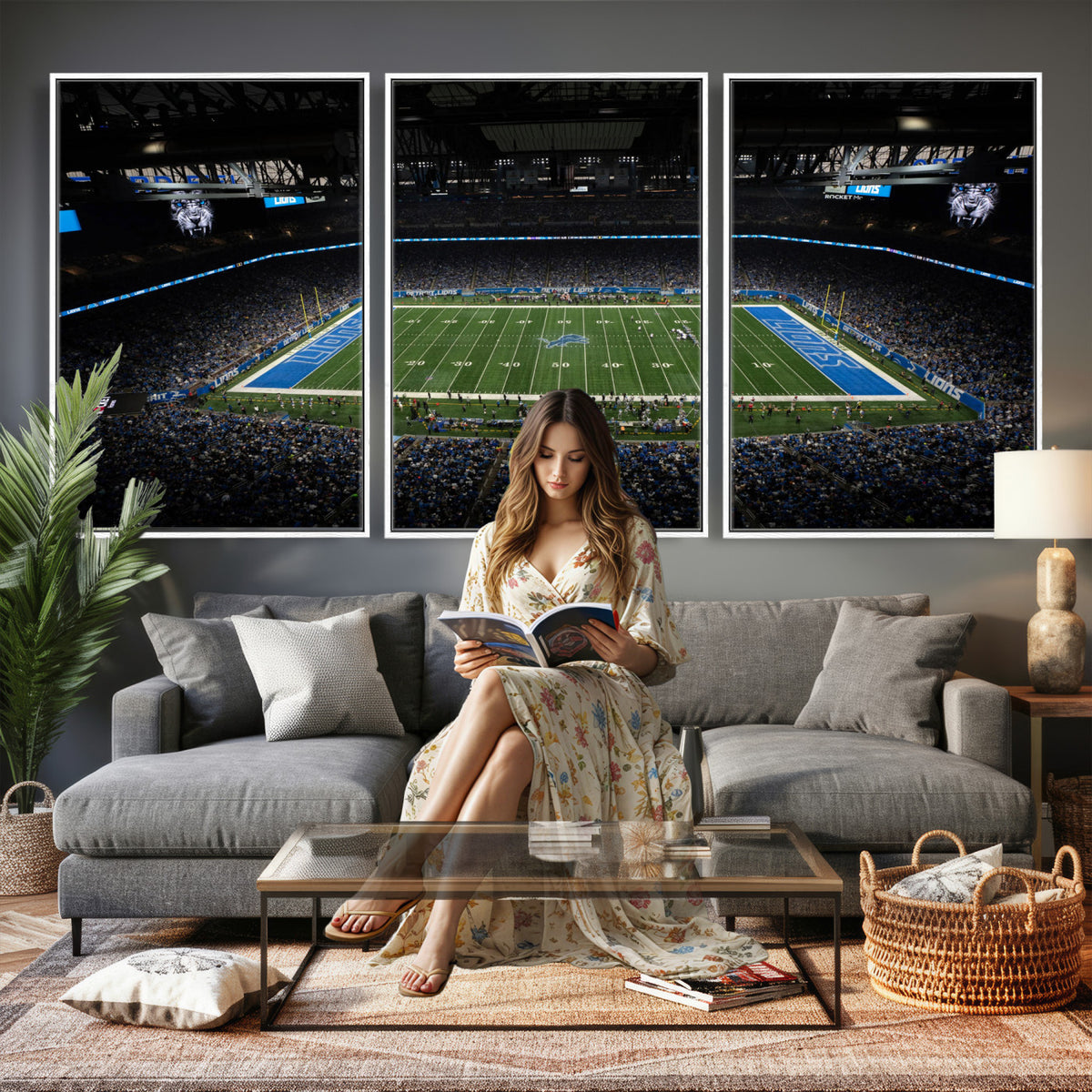 16709602-MGV-CV-36X24 - Detroit Lions Stadium Wall Art Canvas Print, Football Field Panorama