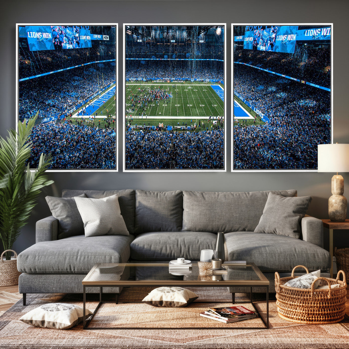 80882005-MGV-CV-36X24 - Detroit Lions Stadium Wall Art Canvas Print, Football Field Panorama Artwork, NFL Game Night Stadium Decor