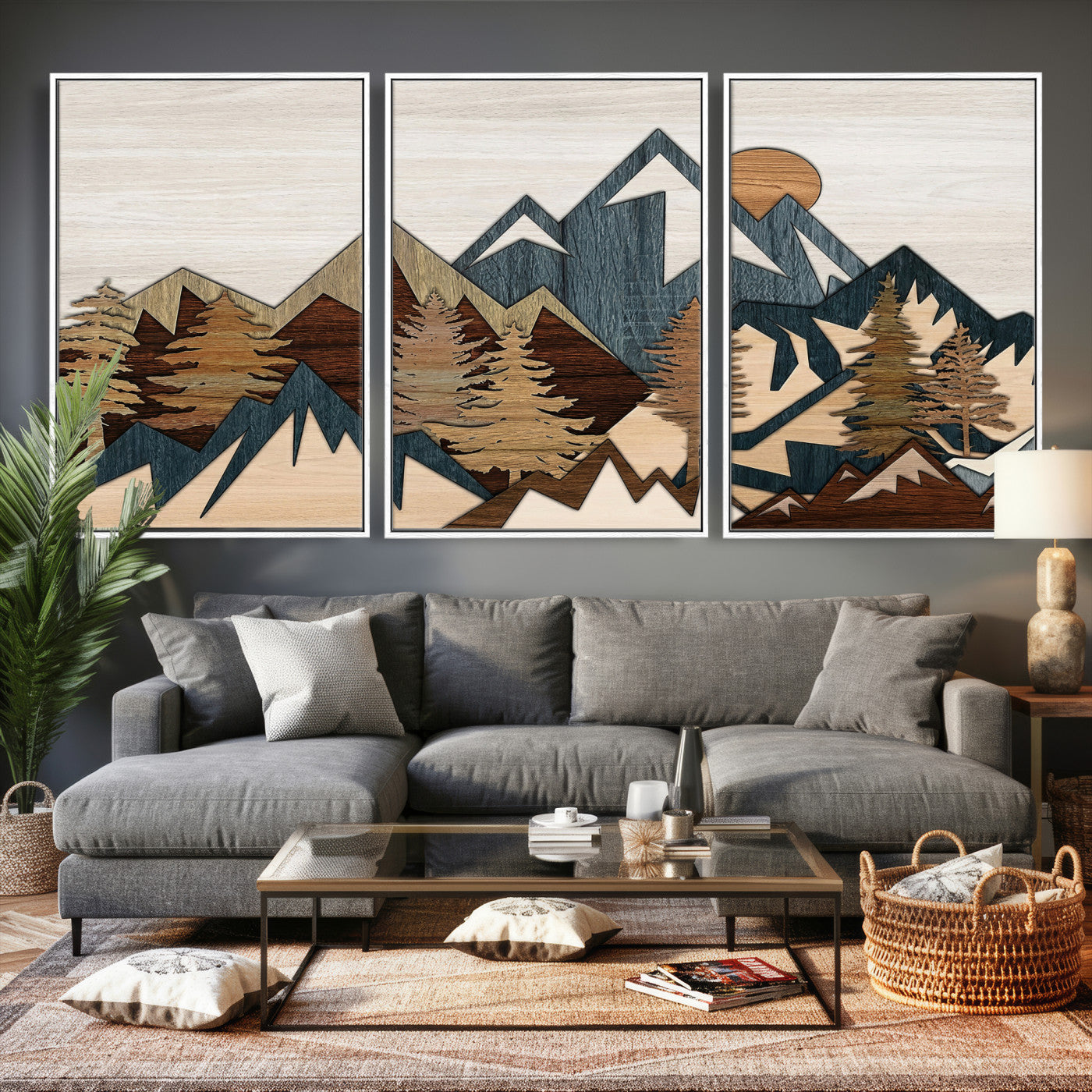 61833055-MGV-CV-36X24 - Mountain Forest Wall Art Canvas Print, Layered Wood Landscape Artwork, Rustic Nature Wall Decor for Living Room