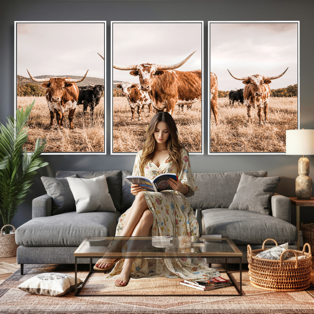 27539727-MGV-CV-36X24 - Texas Longhorn Cattle Wall Art Canvas Print, Sepia Western Decor