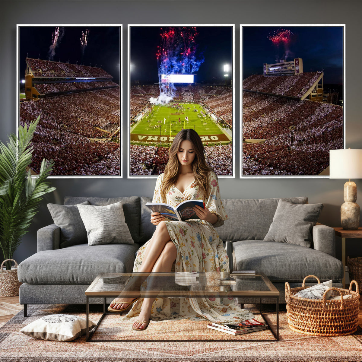 43197777-MGV-CV-36X24 - Oklahoma Memorial Stadium Wall Art Canvas Print – Oklahoma Sooners Football Artwork for Home, Office, and Sports Room Decor