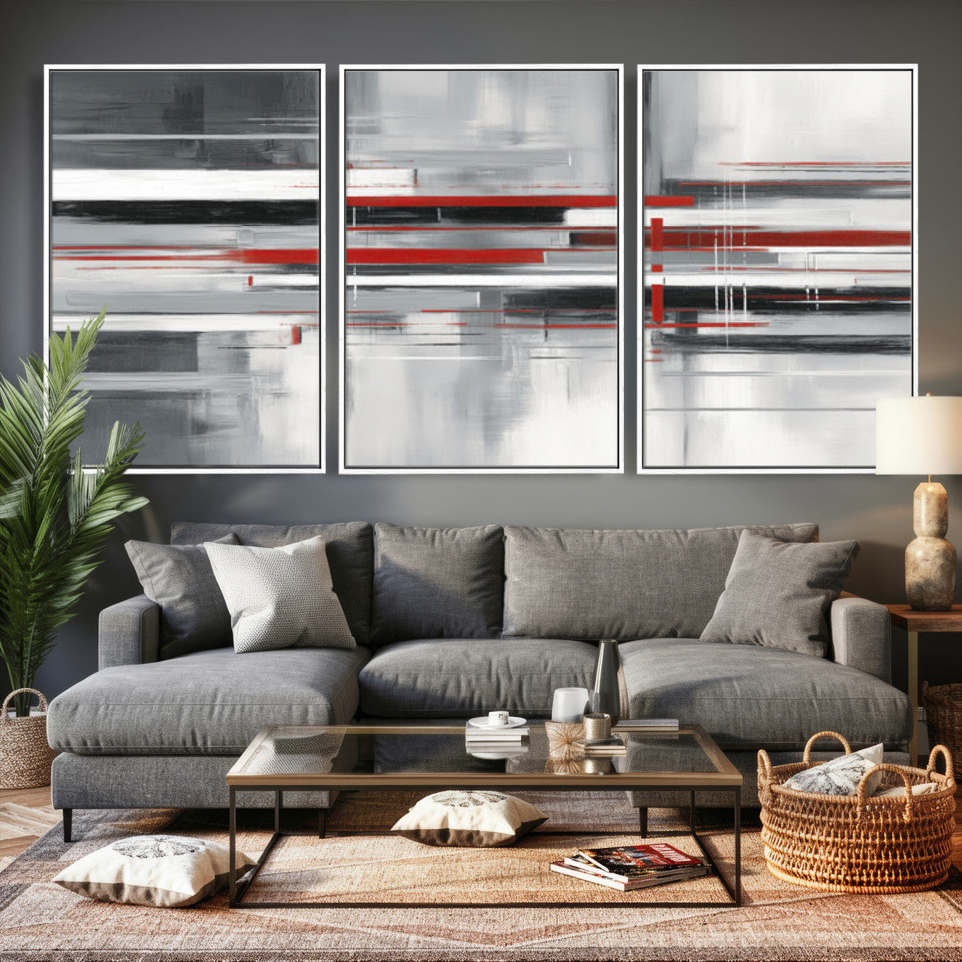 62640681-MGV-CV-36X24 - Gray Red Abstract Wall Art Canvas Print, Modern Abstract Canvas Wall Decor for Contemporary Living Room and Office
