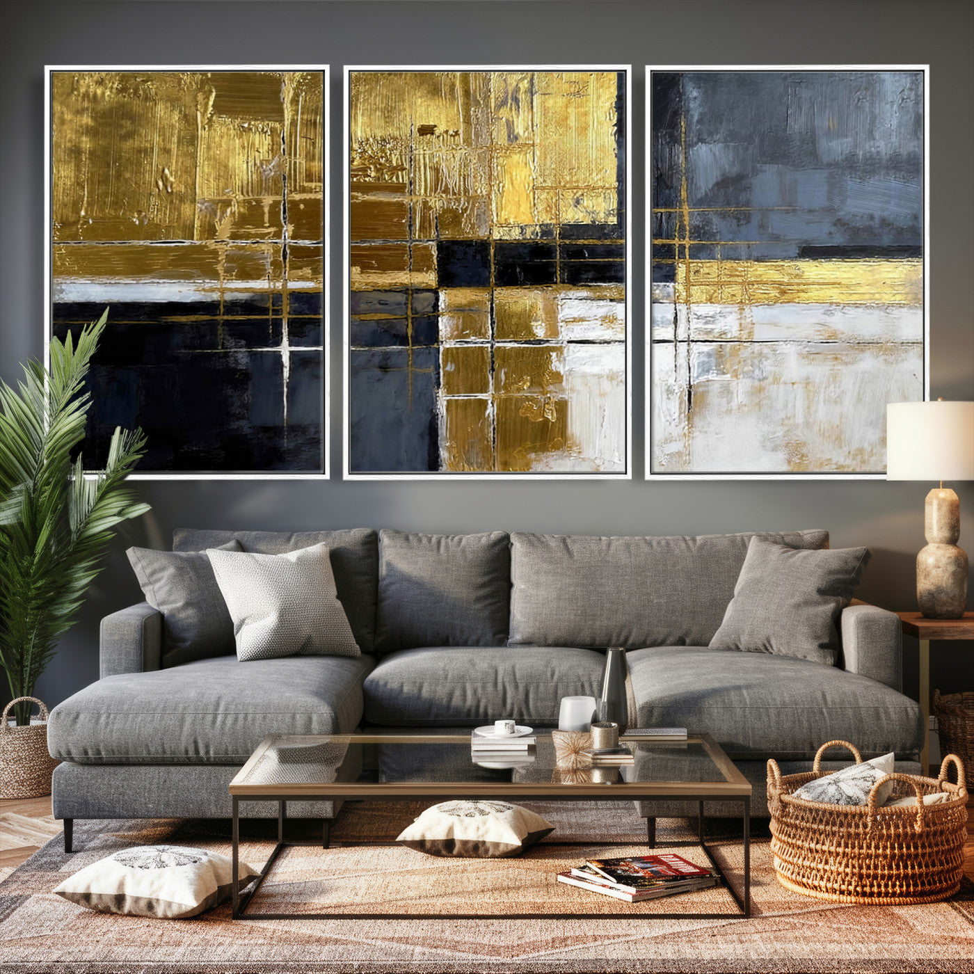 76917030-MGV-CV-36X24 - Gold Navy Abstract Wall Art Canvas Print, Modern Luxury Geometric Painting Wall Decor for Living Room and Office