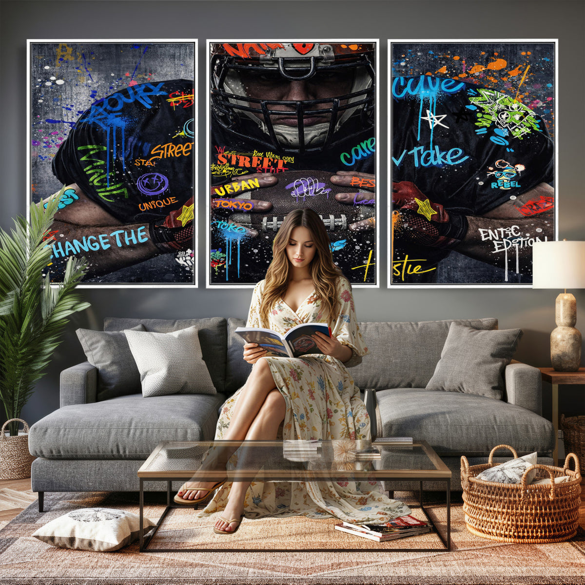 55267256-MGV-CV-36X24 - Graffiti American Football Player Street Art Wall Art Canvas Print