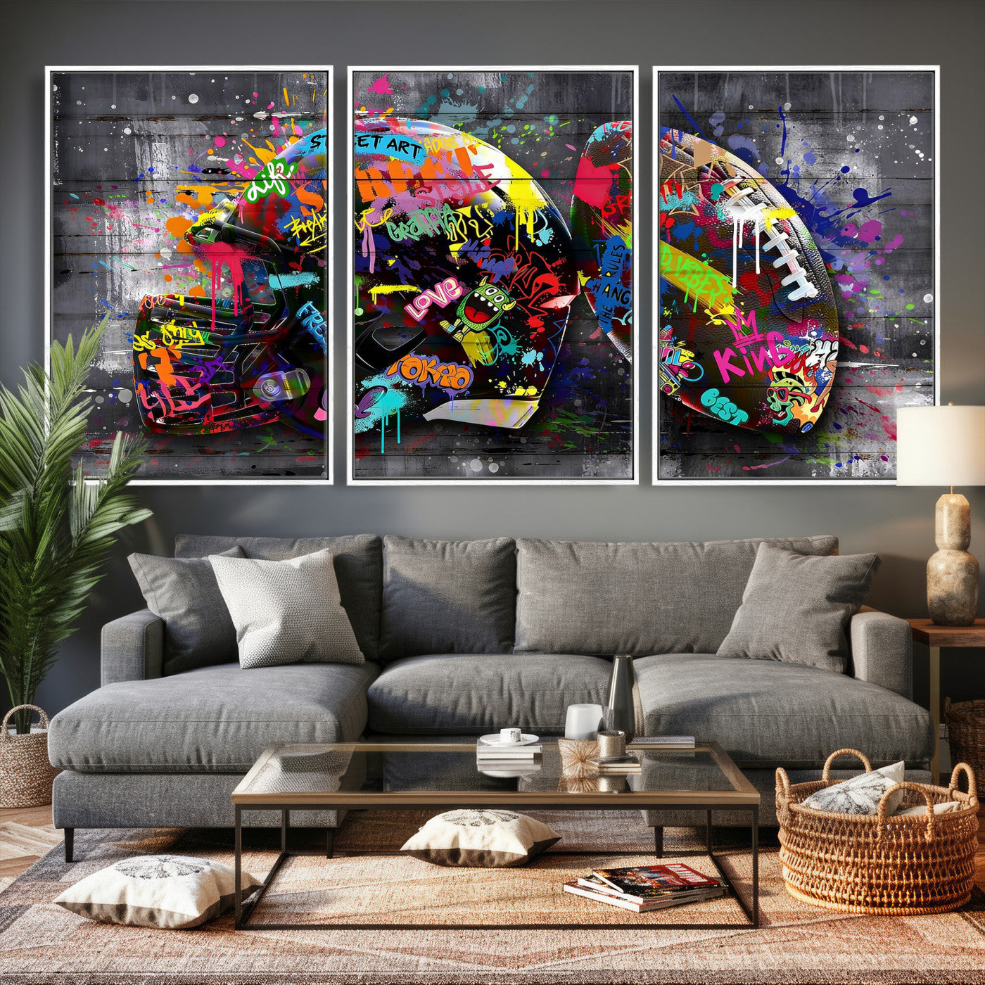 80540773-MGV-CV-36X24 - Graffiti American Football Helmet Street Art Wall Art Canvas Print, Urban Sports Pop Art Football Canvas Print, Colorful Graffiti Sports Contemporary Art Printing