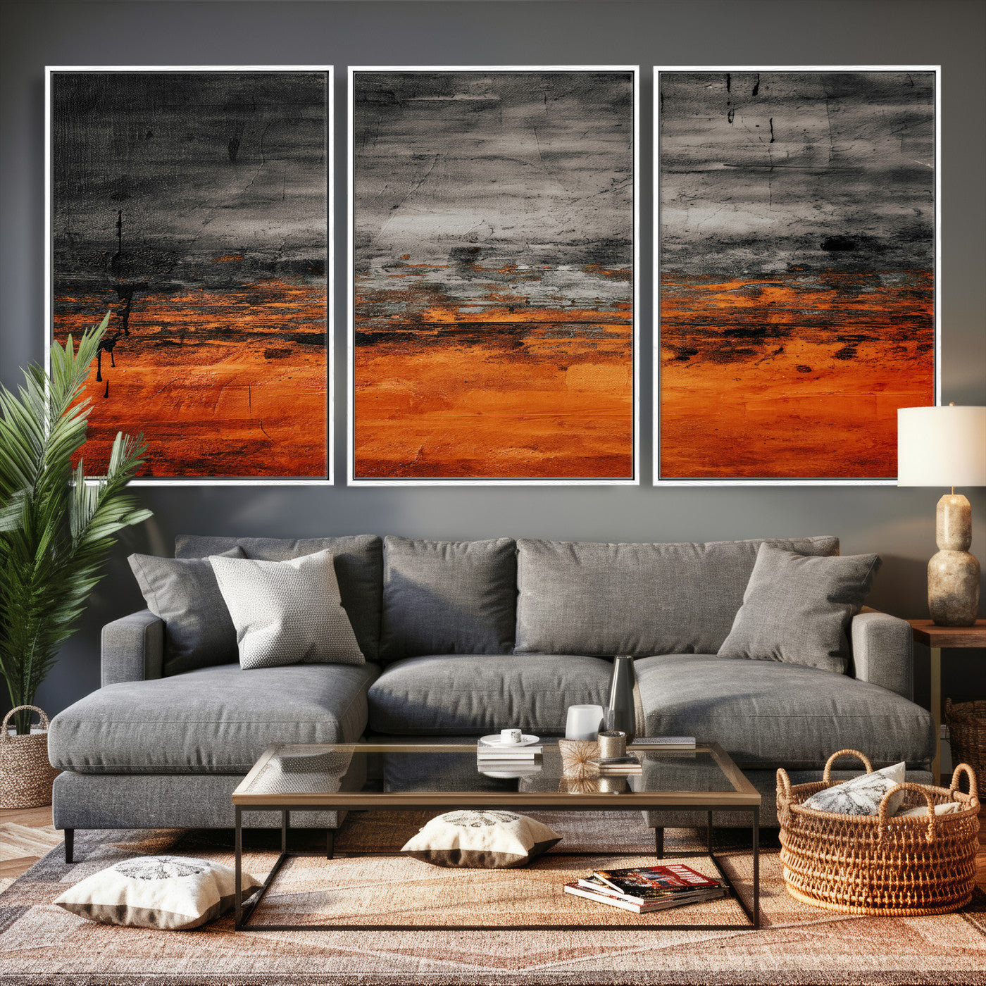 75409282-MGV-CV-36X24 - Black Orange Abstract Wall Art Canvas Print Modern Textured Painting Decor